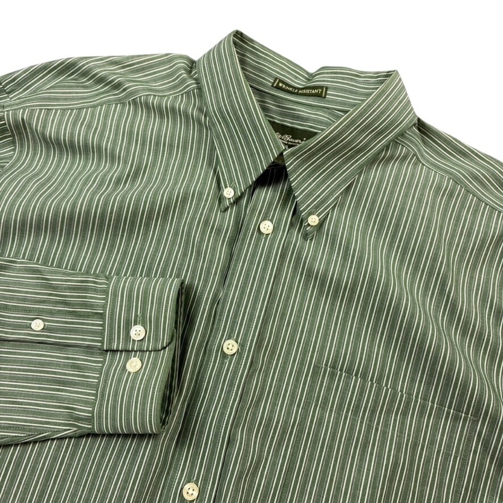 Eddie Bauer XL Green White Striped Wrinkle Resistant Cotton Button Down Shirt